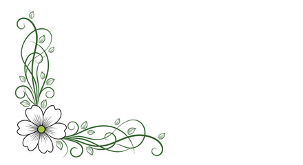 Obraz premium Elegant green floral corner design with a white flower and delicate vines.