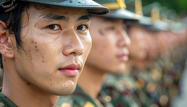 Close-up of a young Asian man, part of a line of individuals in military attire, with focus on his determined gaze