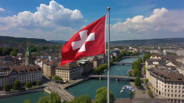 Aerial circling drone shot around Swiss flags on Grossm&uuml;nster church in Z&uuml;rich Switzerland closer