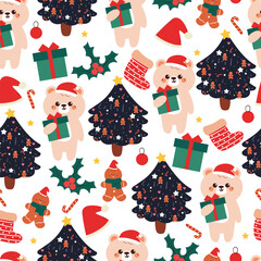 Fototapeta premium seamless pattern cute cartoon bear with christmas tree and christmas element drawing