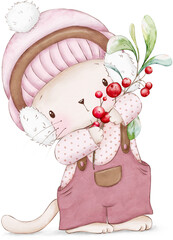 Watercolor Pink Kitty Christmas