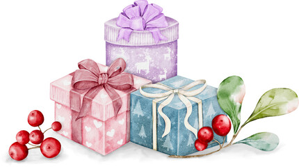 Christmas Watercolor Gift Boxes with Berries