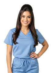 Obraz premium Smiling young female healthcare professional in light blue scrubs posing confidently with one hand on hip