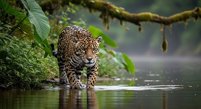 Jaguar Stalking the Riverbank: Majestic Hunter in the Dense Amazon Rainforest