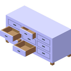 Isometric light purple dresser with open drawers and wooden legs isolated on white background a piece of furniture for bedroom storage and organization