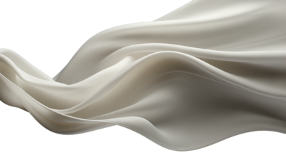 White silk fabric flowing in the air isolated on a transparent background showing soft folds and gentle movement of the material.