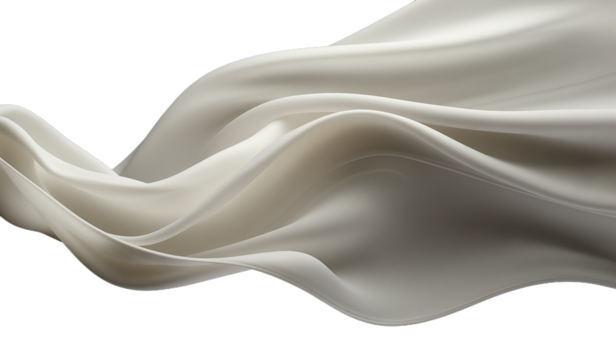 White silk fabric flowing in the air isolated on a transparent background showing soft folds and gentle movement of the material.