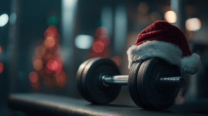Festive fitness a dumbbell adorned with a santa hat sits on a gym bench, with blurred christmas trees in the background, capturing the holiday spirit