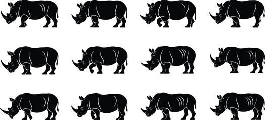 Black rhinoceros silhouette vector set, wildlife animal icons, African safari theme, endangered species graphics, isolated black rhino shapes for design © Masuduzzaman