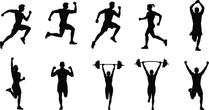 Athlete silhouettes, running and exercising poses, black fitness shapes, sports vector collection, strength training, jumping, lifting, celebrating movement design elements