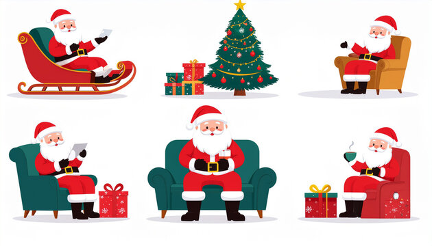 Santa Claus celebrating Christmas in various scenes from cozy reading to warm drinks and gifts under the tree, perfect for holiday greetings and promotions