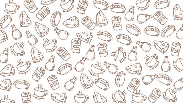 A vibrant seamless pattern featuring hand-drawn food and beverage icons perfect for culinary, restaurant, or food-related projects involving colorful and appealing illustrations.