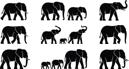 Elephant silhouette vector, black animal shapes, wildlife poses, grouped elephants, trunk raised or lowered, adult and baby, safari themed, stock illustration © Masuduzzaman
