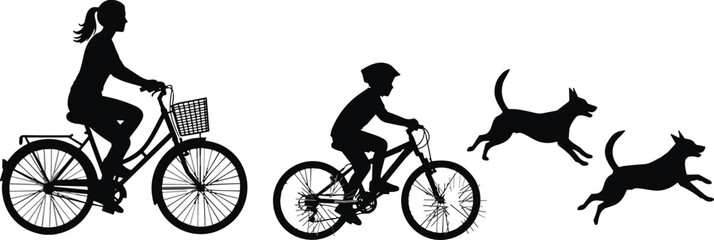 Obraz premium Silhouette of family cycling with dogs in motion, outdoor activity, healthy lifestyle, pet-friendly exercise, black vector illustration