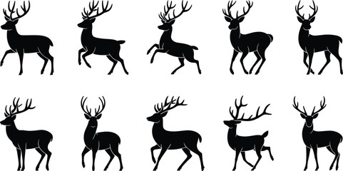 Deer silhouette collection, antlered wildlife poses, standing, walking, leaping deer vector, black animal illustrations, forest creature movement for stock content