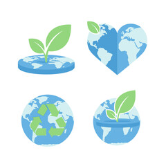 Eco illustration set featuring Earth, heart-shaped planet, green leaves, and global environmental symbols
