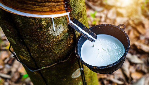 Rubber tree being tapped for milky latex sap dripping into a collection bowl in a sunny plantation