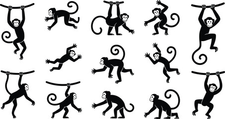 Monkey silhouette collection, playful primate poses, hanging and running monkeys, cartoon-style vector, black monkey illustrations, jungle animal movement for stock content © Masuduzzaman