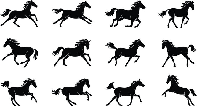 Horse running silhouette sequence, galloping motion vector, black horse poses, equine gait cycle illustration, dynamic animal movement, stock art for animation