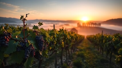 nebbiolo. Nebbiolo vineyard on Piedmont hills at sunrise with morning mist over grapes. menu design, packaging mockups, designed for culinary blogs and recipe cards for restaurants.