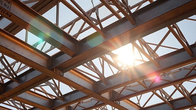 rigidity. Close-up of industrial metal beams with striking shadows and textures under sunlight. safety posters, maintenance manuals, designed for precision metalworking and fabrication facilities.