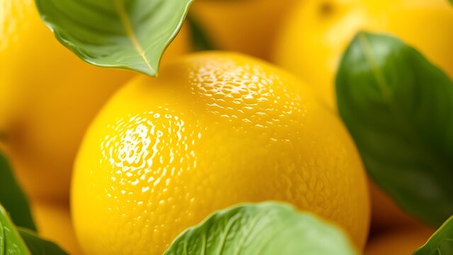 acid. Close-up of a fresh lemon with vibrant yellow tones and green leaves, evoking citrus freshness. menu design, packaging mockups, designed for culinary blogs and recipe cards for restaurants.