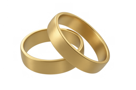 Intertwining gold wedding rings symbolizing love, commitment, marriage, and couple unity on a transparent background
