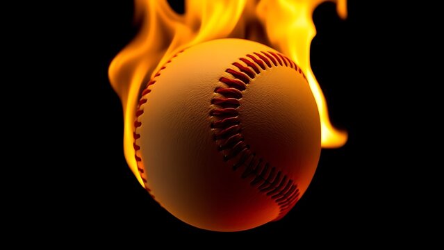 baseball. A baseball on fire against a black background, highlighting the intense glow and stitching details. event key visuals, club posters, designed for fitness apps and gym onboarding.