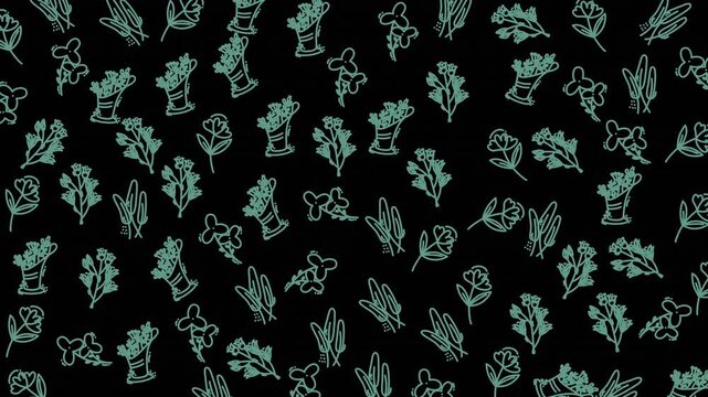 A continuous pattern of hand-drawn botanical line illustrations featuring leaves, flowers, and herbs on a black background, suitable for creative design projects and backgrounds.