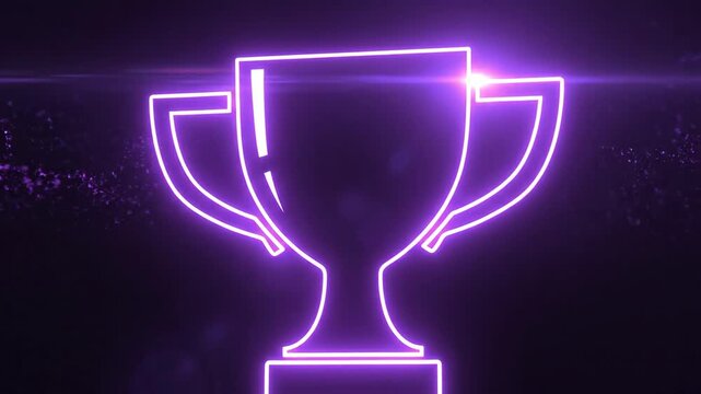 Neon Trophy Outline Glowing with Purple Light on Dark Background.