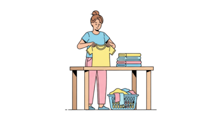 Illustration of a woman folding clean laundry on a table.