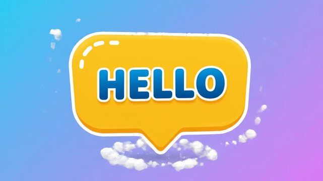 A vibrant speech bubble in yellow contains the word "HELLO" in blue, outlined in white, set against a colorful gradient backdrop