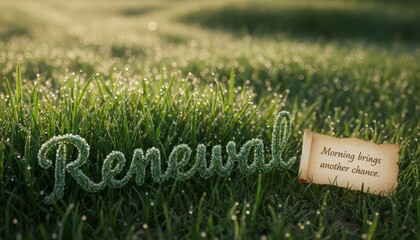 The word Renewal crafted from green grass resting in a field glistening with morning dew in gentle sunlight