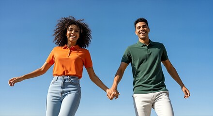 Joyful couple strolling and holding hands against a vivid blue sky, exuding happiness and togetherness in casual attire, enjoying a bright day