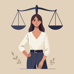 Flat Illustration of Confident Woman with Scales of Justice Balanced Above on Beige Background