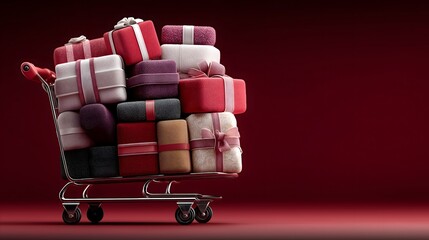 Minimal 3D render of a metal shopping cart filled with colorful wrapped gift boxes, isolated on vibrant red background for holiday shopping themes.