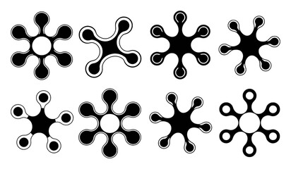 Collection of abstract, stylized, star-like, and molecular shapes