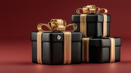 Photorealistic stack of three elegant matte black gift boxes wrapped in shiny gold ribbons, isolated on a deep red background.