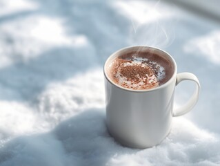 Hot chocolate in snow for cozy winter vibes