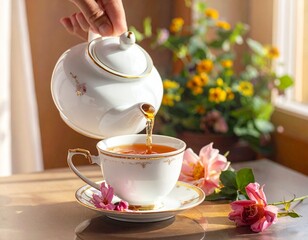 ティーポットでティーカップに注がれている紅茶と花のあしらい