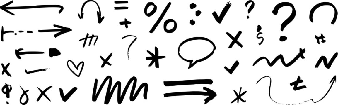 Collection of Hand-Drawn Black Symbols and Arrows on White Background