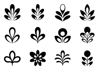 Fototapeta premium Collection of stylized black floral and leaf vector icons on white background