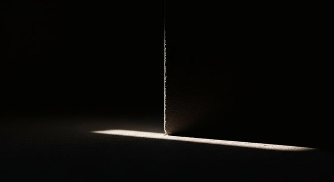 A thin vertical line of light shines through a crack in a dark room, casting a bright horizontal beam on the floor.