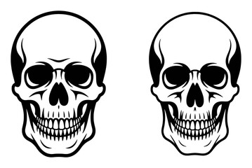 Two Stylized Black and White Skulls Facing Forward with Dark Eye Sockets