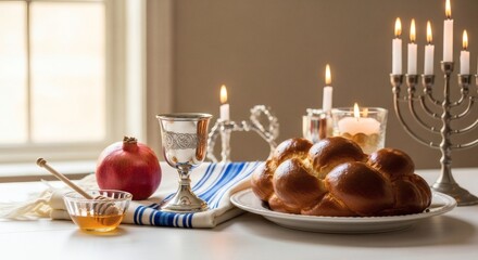 A beautifully lit table setting featuring traditional Jewish holiday items, including challah bread and a menorah.