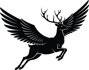 Fantasy flying deer illustration, majestic winged stag silhouette, mythical animal vector art, wildlife logo, fantasy tattoo design, nature spirit emblem, magical creature