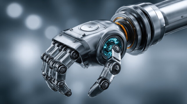 Powerful articulated robotic arm with metallic hand embodies futuristic technology. This cyborg machine represents advanced artificial intelligence, automation, and industrial innovation - Powered by Adobe