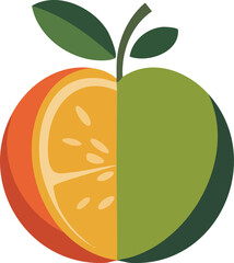 A vibrant illustration showcasing a half orange and half apple, symbolizing a fusion of fruits.