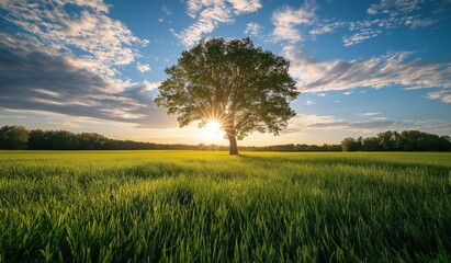 Fototapeta premium Beautiful tree stands in middle of endless green grass field with blue sky and white clouds as sun sets behind it.