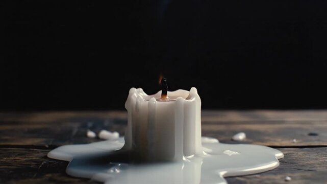 Close up of a single white candle burning with melted wax pooling on a dark wooden surface